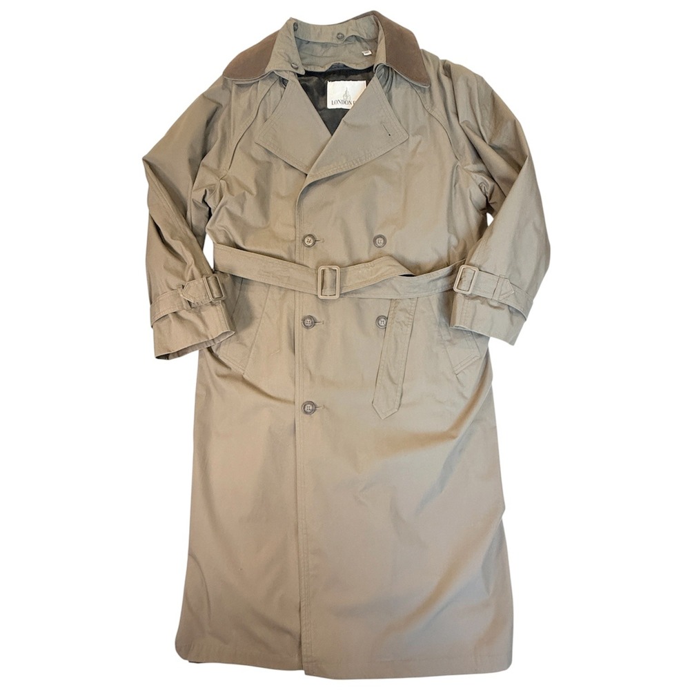 London Fog Trench Coat Mens 38R Tan Leather Collar Belted Zip Out Liner